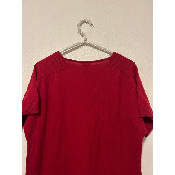 Chicos Size 1 US Medium Red Tunic Sweater Stretch Short Sleeve Silk V-Neck Top - Picture 11 of 16